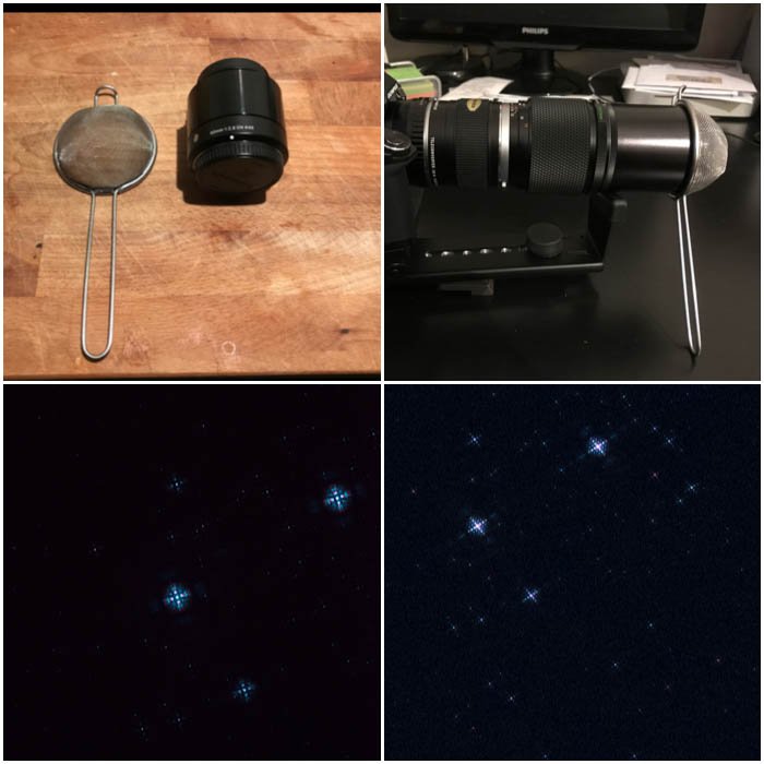 A grid showing how to make a DIY Bahtinov Mask kitchen sieve
